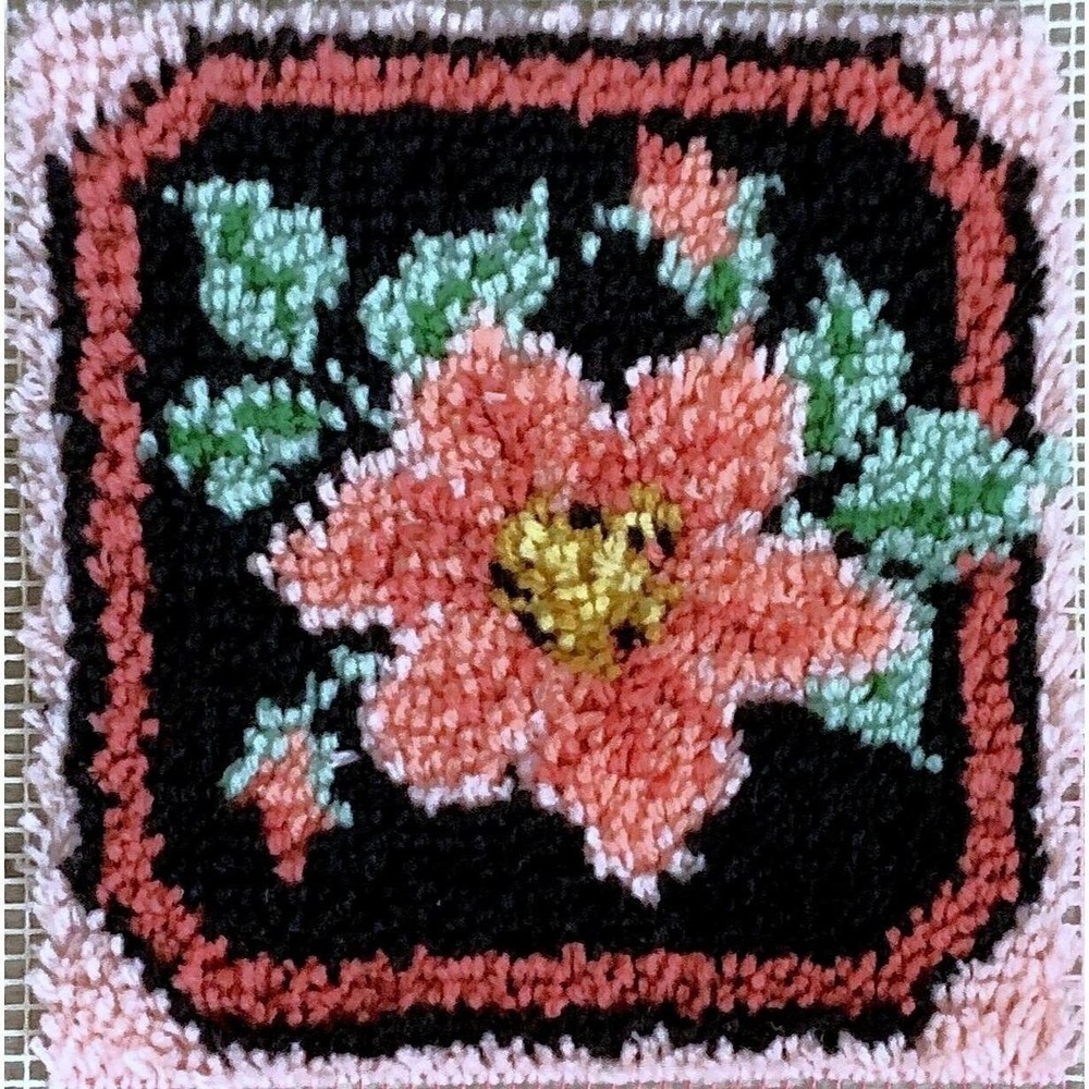Vtg Pink Floral Completed Latch Hook Wall Hanging Mat Pillow Stool Cover 12" sq